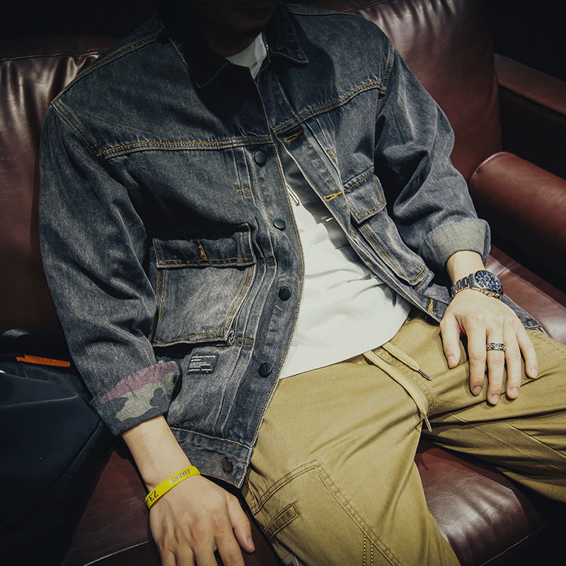 Spring And Autumn Denim Coat Men Loose Fashion Cargo Jacket Large Size Black Denim Clothing Tide