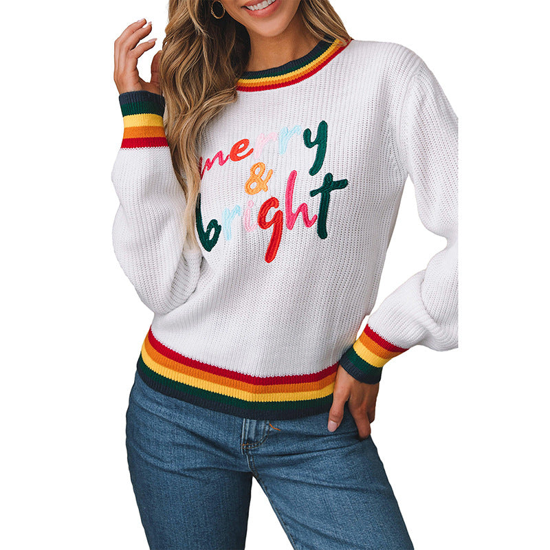 Autumn New Pullover Round Neck Long Sleeve Blouse Women Casual Style Contrast Color Striped Border Sweater Woman