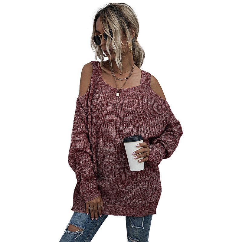 Autumn Solid Color Knitted Square Neck Off-Shoulder Bottom Sweater Women Long Sleeves In Autumn Women's