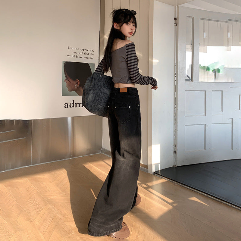 Pre-Fall Retro Washed High-Waisted Baggy Jeans Female Spice Personality Vertical Leg Jeans