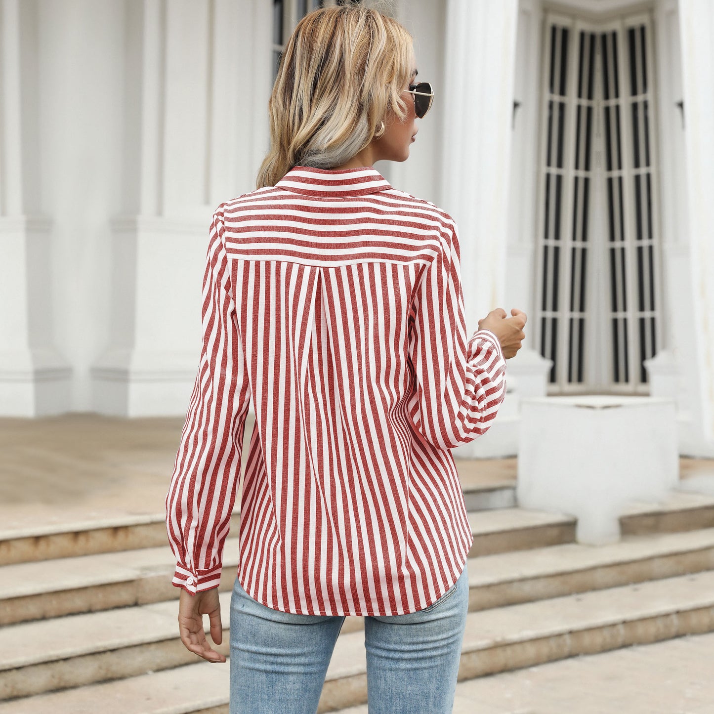 Autumn New Button Cardigan Striped Shirt Lapel Shirt Long Sleeve Commuter Shirt Woman