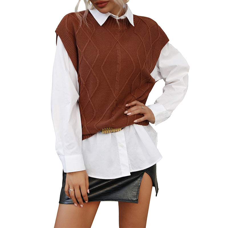 Early Autumn New Fashion Women's Short-Sleeved Solid Color Twist Sweater Vest Vest