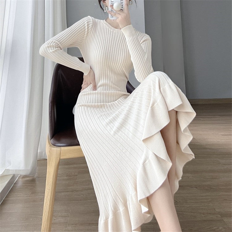 Knitted Mid-Length Skirt With Bottom Wrap For Women With A Bottom Sweater Skirt With Ruffles And Slim Fishtail Skirt