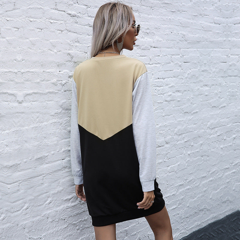 New Contrast Color Loose Round Neck Skirt Autumn Long Sleeve Splicing Dress Women