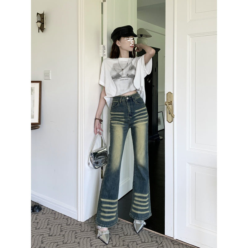 Early Fall New Retro Micro-Ripped Jeans Women Do Old High-Waisted Skinny Rough Edge Mop Bell Bottoms