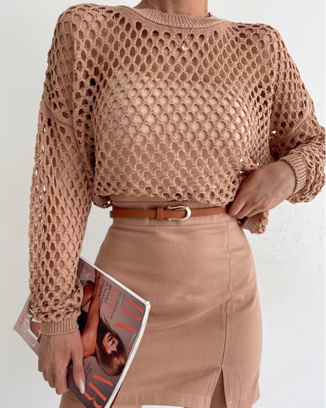 New Spring And Summer New Sweater Flared Sleeve Loose Round Neck Hollowed Out Sweater Woman