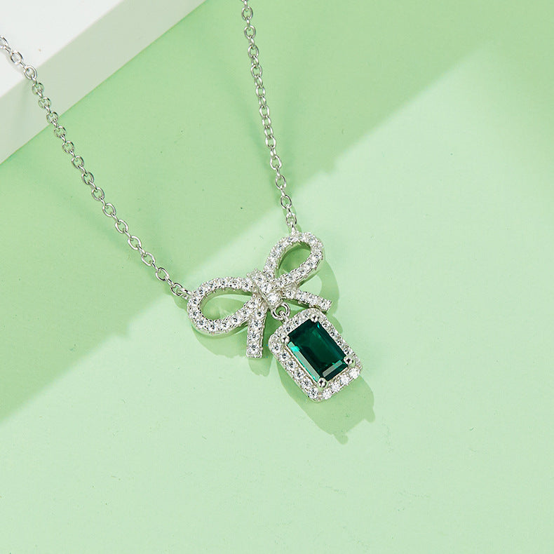 Bow 50 Pieces Rectangular Cultivated Emerald S925 Silver Plated Platinum Pendant Necklace Seenwork D Class First Jewelry