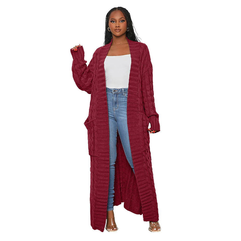 Women's Autumn And Winter New Loose Knit Cardigan Lazy Pocket Long Twist Sweater Coat