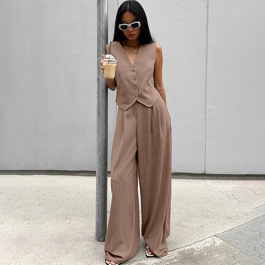 Retro V-Neck Striped Suit Two-Piece Suit Fashion Dry Autumn And Winter New Royal Sister Style Women's Wear