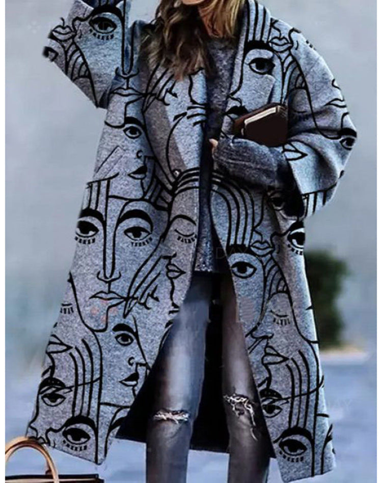 New Autumn Women's Long Sleeve Lapel Coat Printed Wool Long Coat