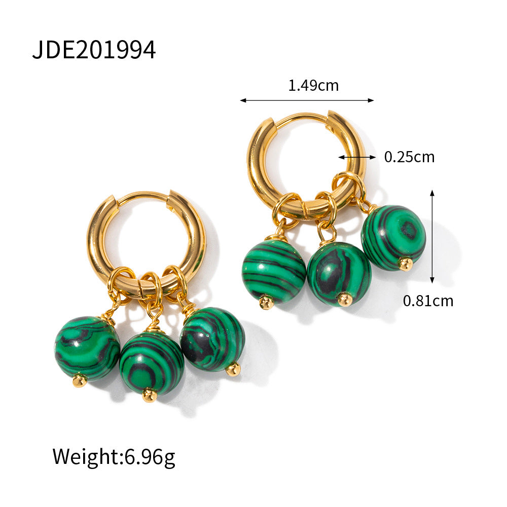 5pcs 18K Gold Stainless Steel Earrings Three Green Peacock Stone Fringe Pendant Earrings Fashion Style Earrings Accessories Women's Style