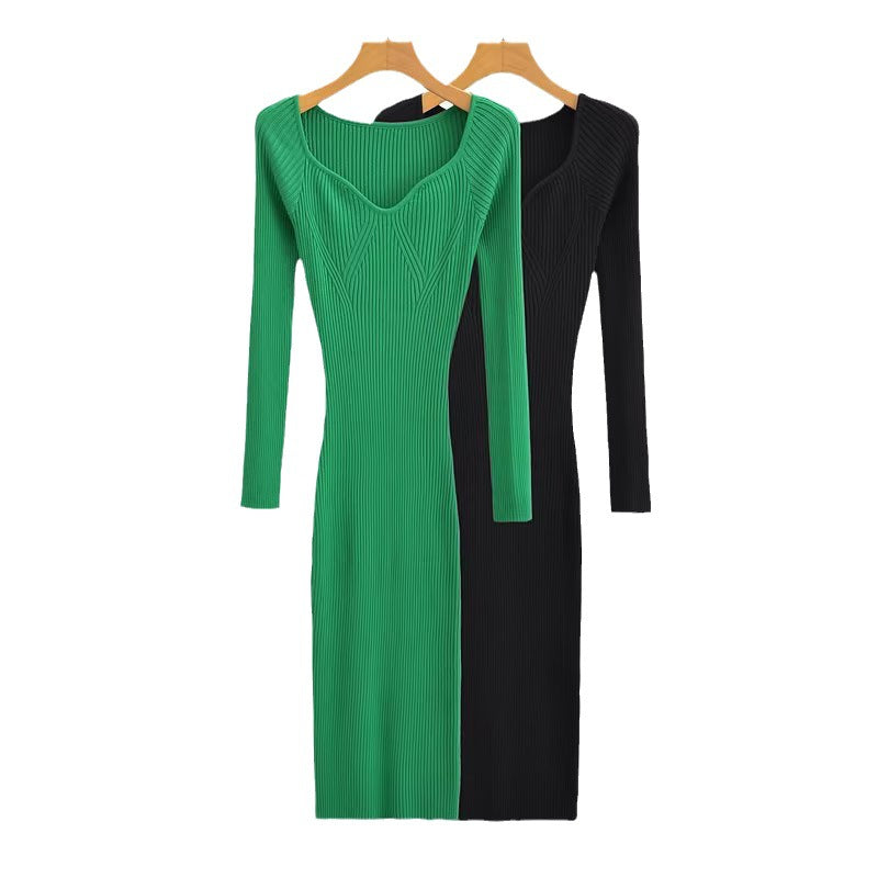 New V-Neck Slim-Fit Knit Dress For Women In Autumn And Winter With A Mid-Length Long-Sleeved Tight Bottom Wrap Hip Skirt
