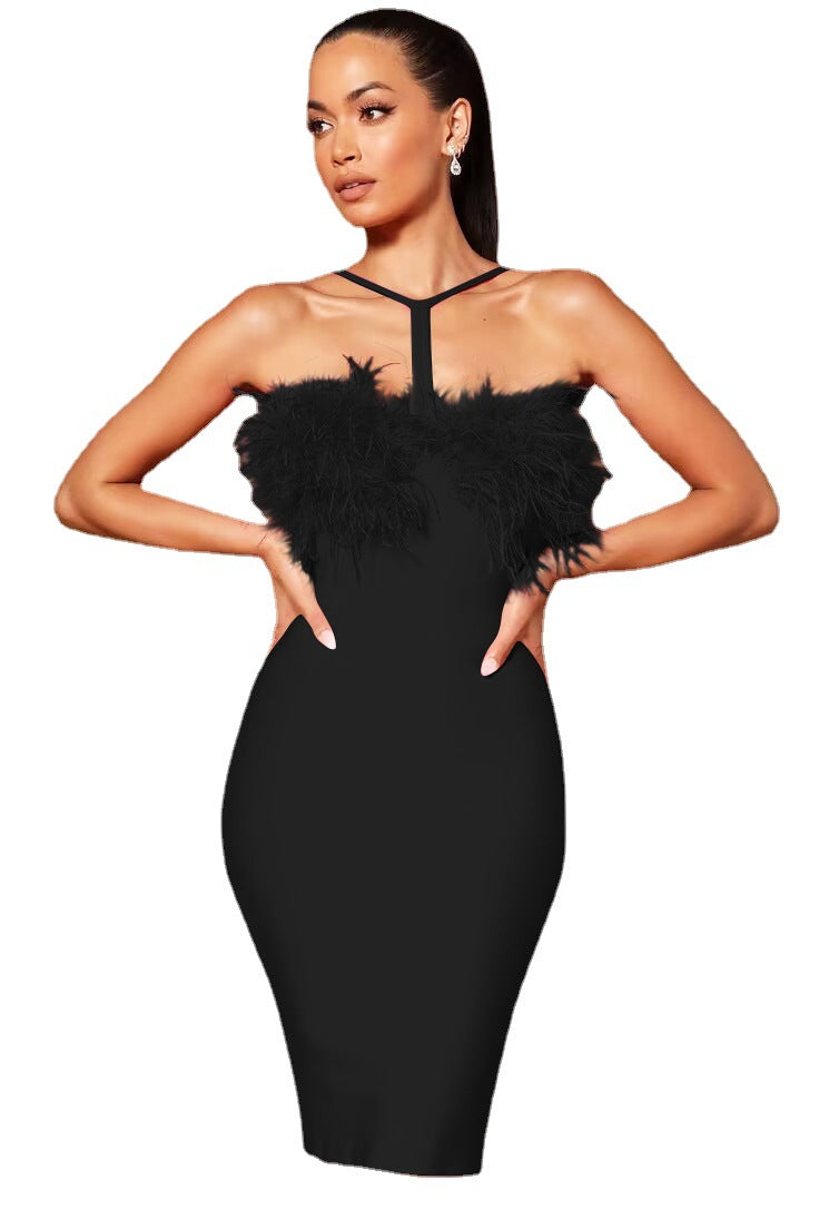 Hot Summer Ostrich Wool Bandage Dress Fashion Halter Party