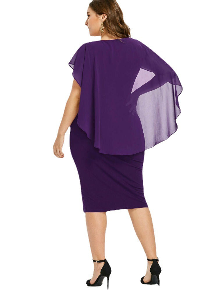 New Round Neck Short Sleeve Chiffon Shawl Tight Skirt Asymmetrical Over The Knee Large Size Dress Women