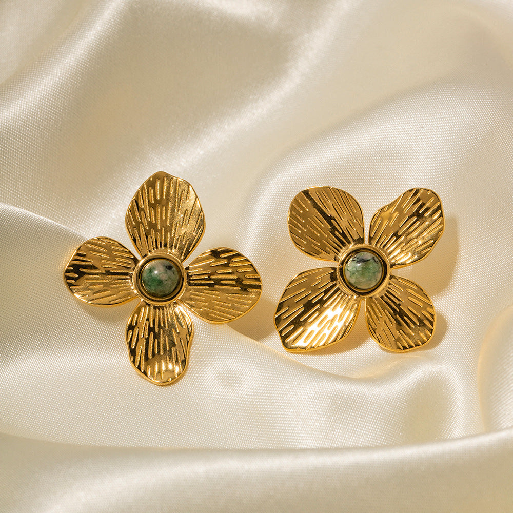 5pcs Palace 18-Karat Gold Radial Set With Natural African Turquoise Four-Petal Flower Earrings Design Sense Earrings