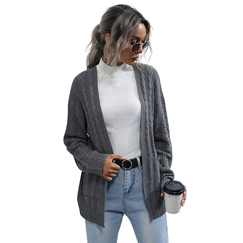 Medium Long Solid Color Twist Knitted Sweater Coat for Women