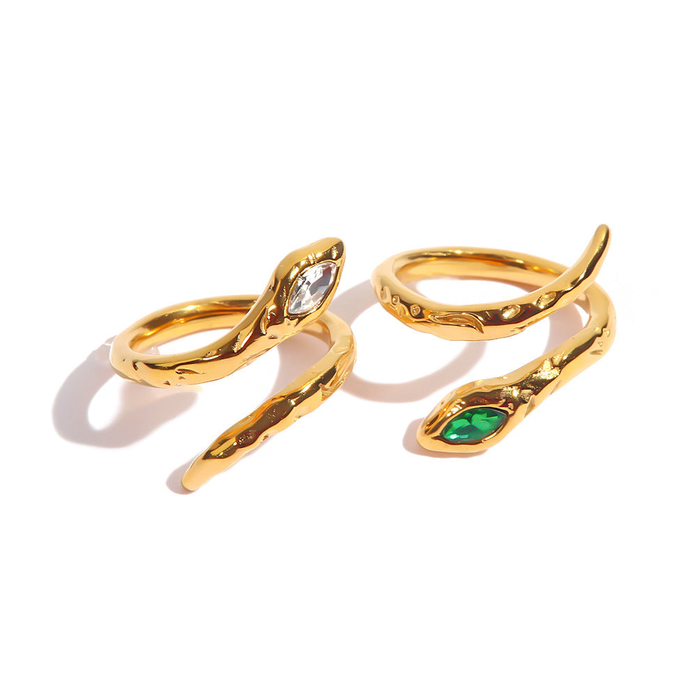 5pcs Niche Design Titanium Steel Index Finger Ring Light Luxury Tide Cold Lava Serpentine Opening Set With White/Green Diamond Ring