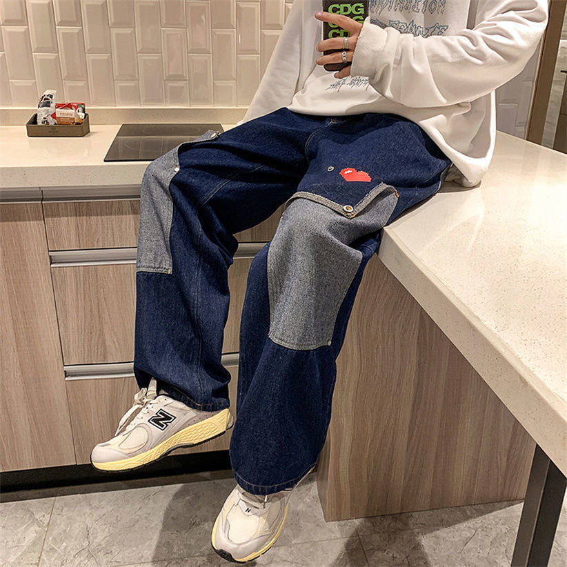 Summer Niche Patchwork Design Love Jeans Men Oversize Wide Leg Straight Leg Long Pants