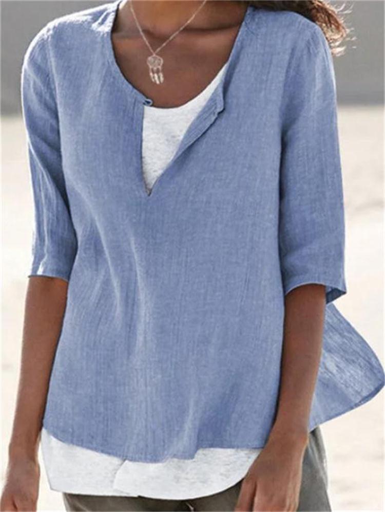 New Autumn And Winter V-Neck Solid Color Cotton Linen Large Size Sleeve Women's Shirt