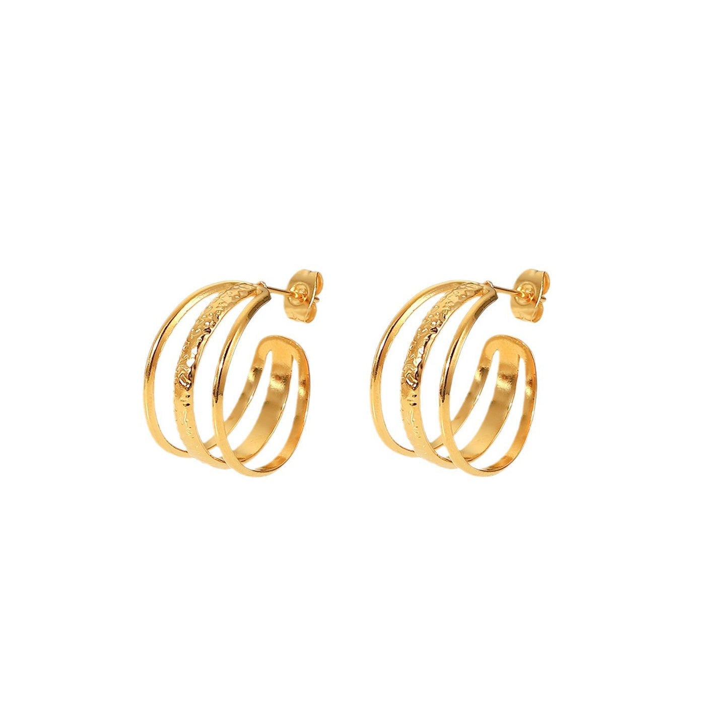 5pcs 18K Gold-Plated Stainless Steel Ring Earrings Titanium Steel Three-Layer Line Geometric C-Shaped Earrings