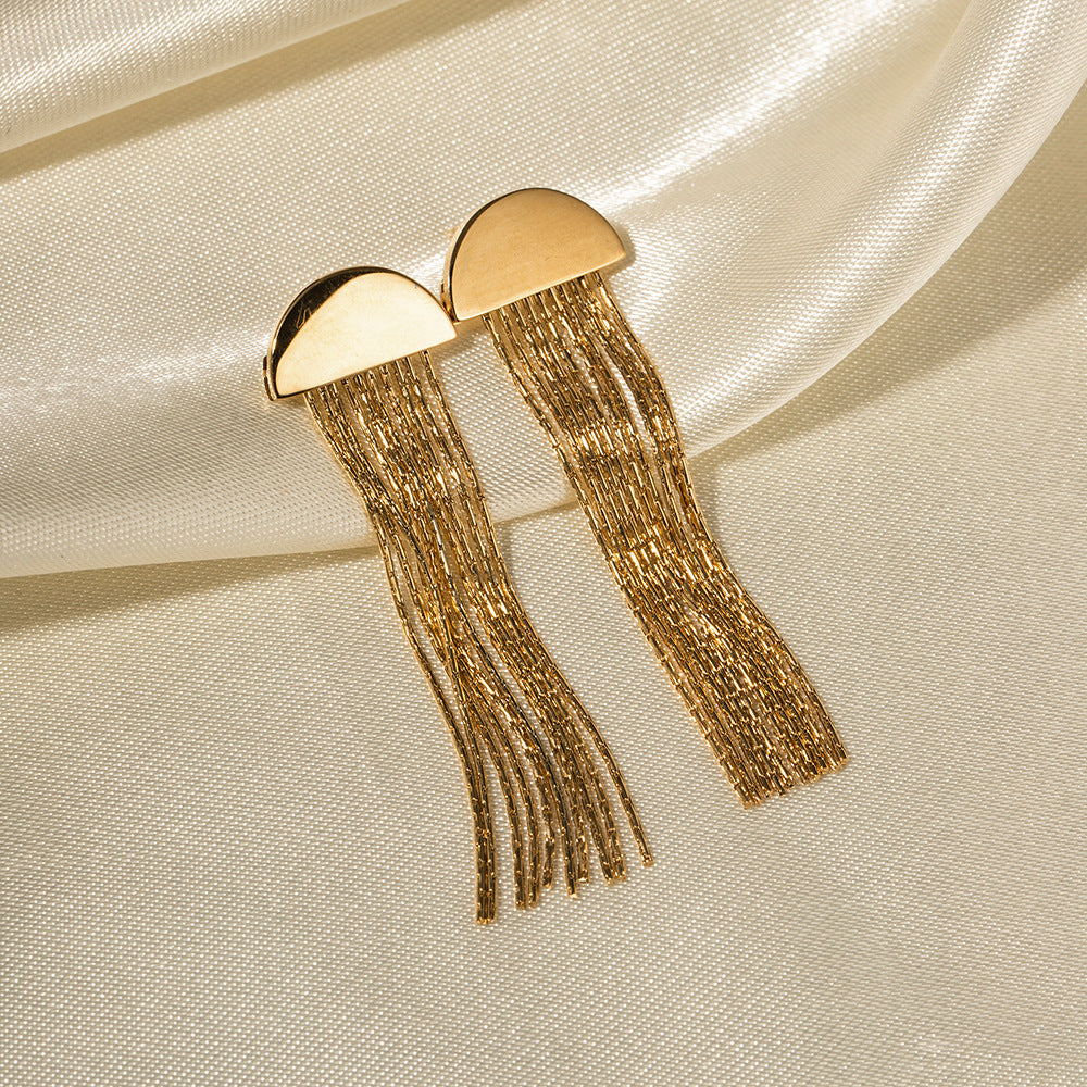 5pcs Simple 16K Gold Stainless Steel Semi-Circular Long Strip Tassel Earrings Exaggerated Temperament Studs Design Sense Earrings