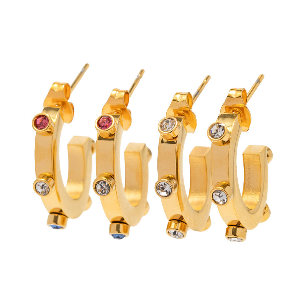5pcs Over-The-Top Design 18K Stainless Steel Colored Diamond C-Shaped Stud Earrings With Titanium Steel Earrings
