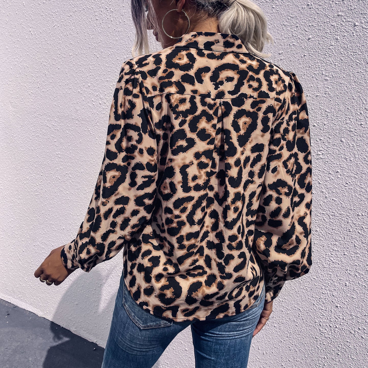 New Style Shirt Street Long Sleeve Lapel Leopard Print Shirt Woman