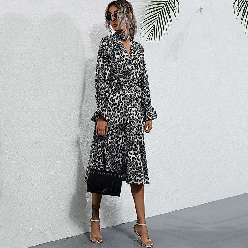 Women's Leopard-Print Long-Sleeve Hollow-Neck Dress