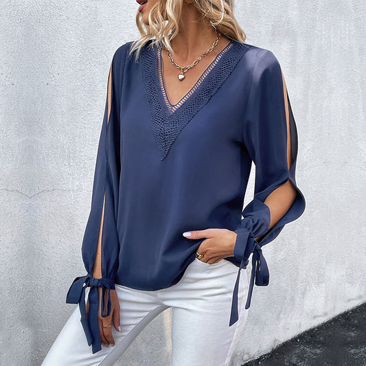 New Autumn New Long-Sleeved Shirt Solid Color Hollow-Out Shirt Woman