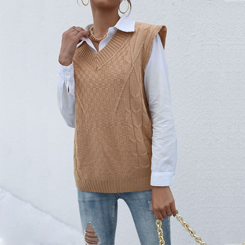 Early Autumn New Fashion Knitting Solid Color Twist Sweater Vest Woman