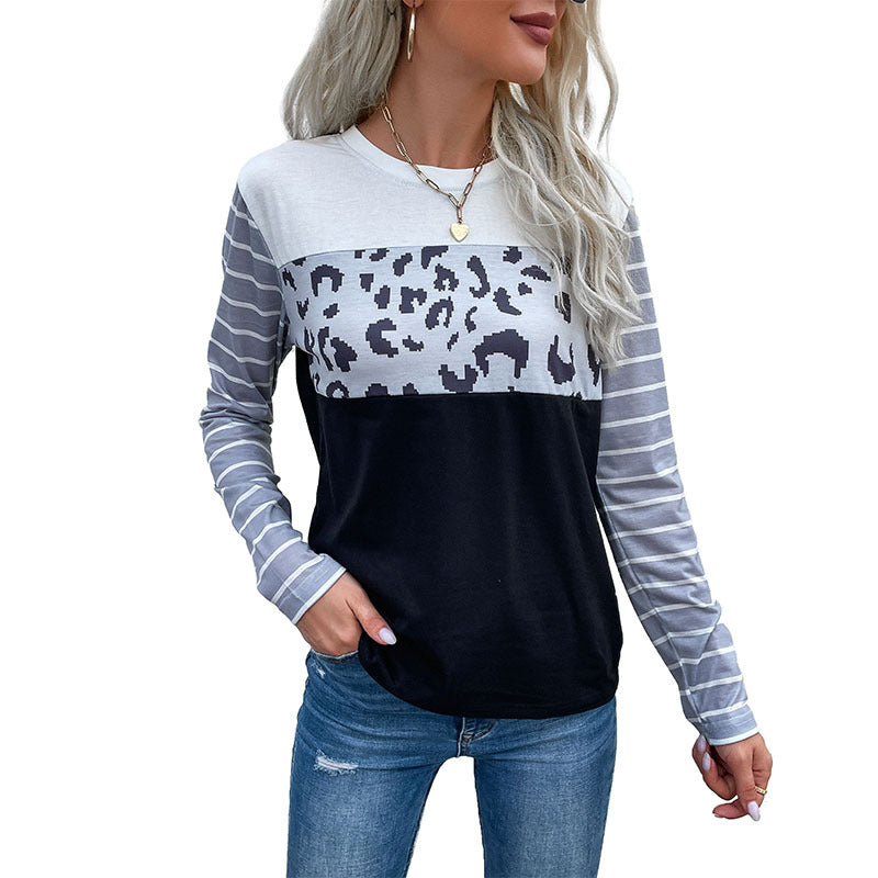 Early Autumn Casual Women's Fashion Long-Sleeved Leopard Bottom Shirt Women