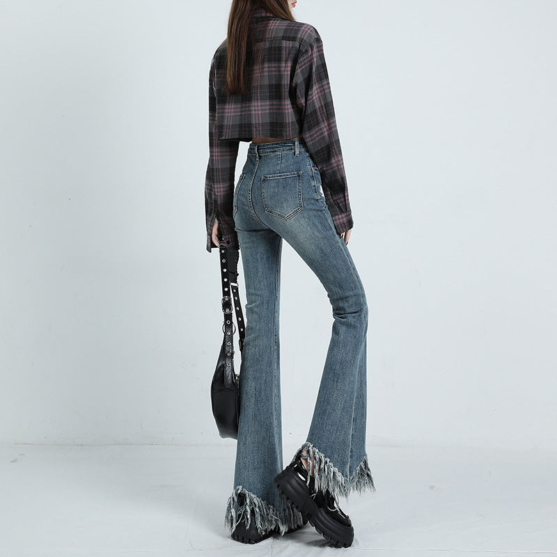 Spring And Autumn New Retro Fringe High Waist Micro Flared Jeans Women Slim Slim Stretch Raw Edge Mop Pants