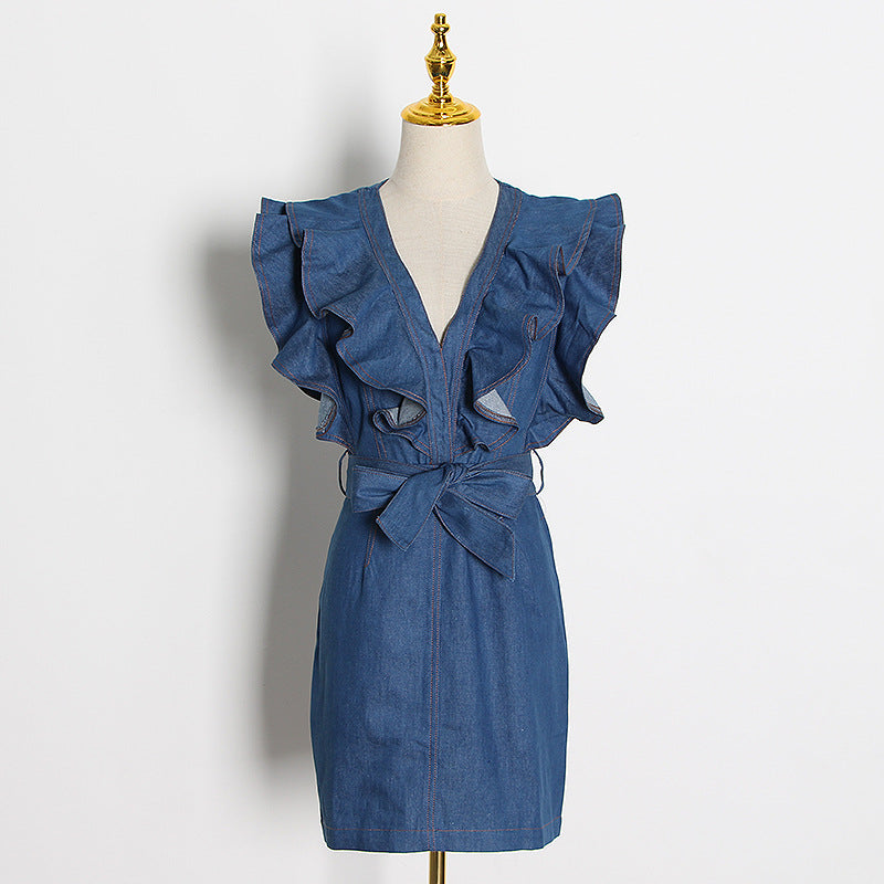 Spring Style Women's Collage Denim Sleeveless V-Neck Wrap Hip Skirt Dress