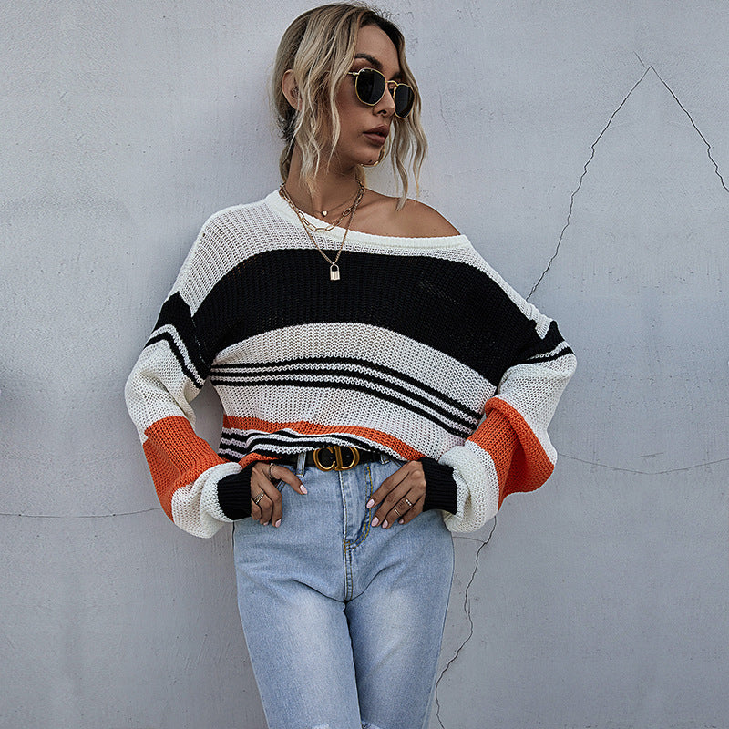 Three-Color Patchwork Striped Knit Sweater Women Loose Long Sleeve Autumn