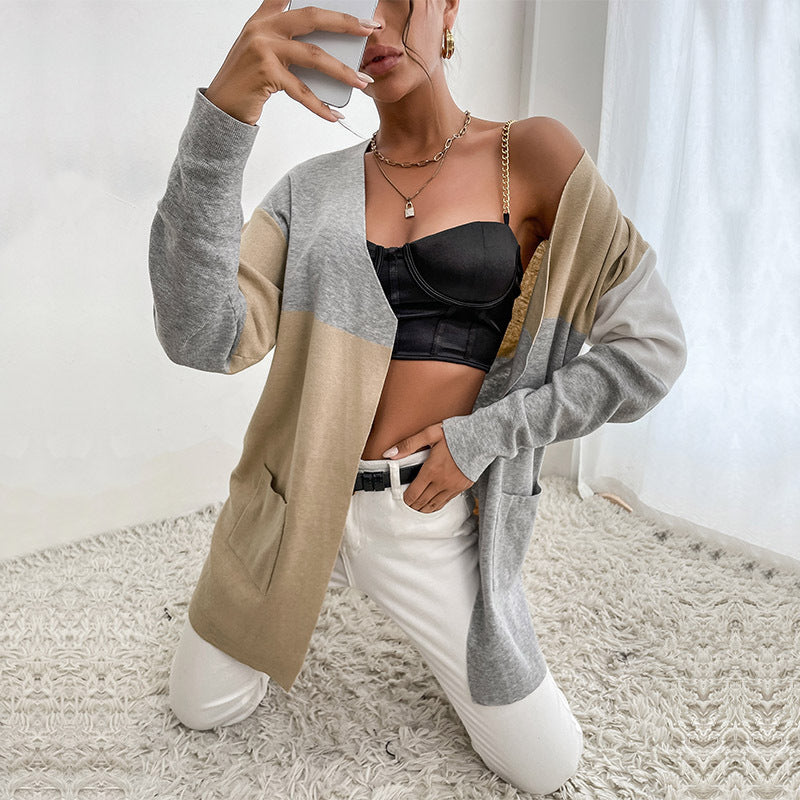 Chic Autumn and Winter Knitted Long Sleeve Color Sweater Cardigan for Women