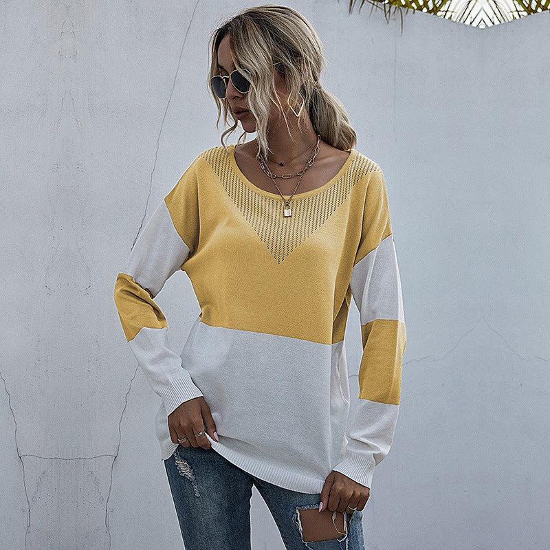 Loose Round Neck Bottom Perspective Mesh Knit Sweater Women Casual Autumn
