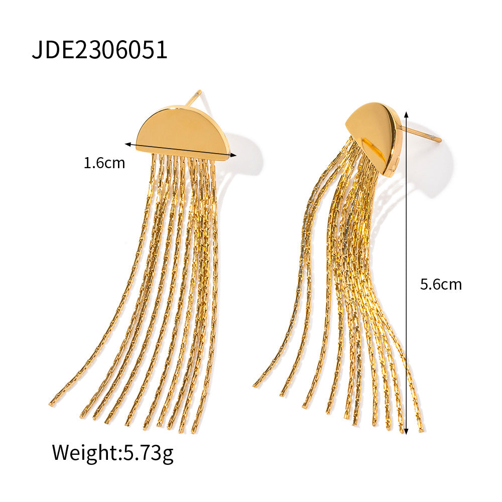 5pcs Simple 16K Gold Stainless Steel Semi-Circular Long Strip Tassel Earrings Exaggerated Temperament Studs Design Sense Earrings