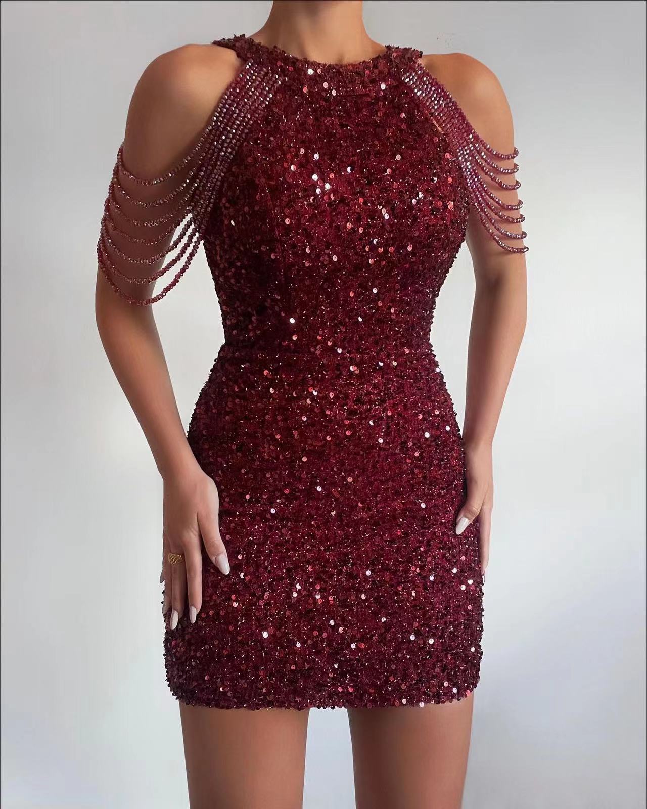 Fashion Halter Sexy Crystal Beaded Bag Hip Sequin Dress