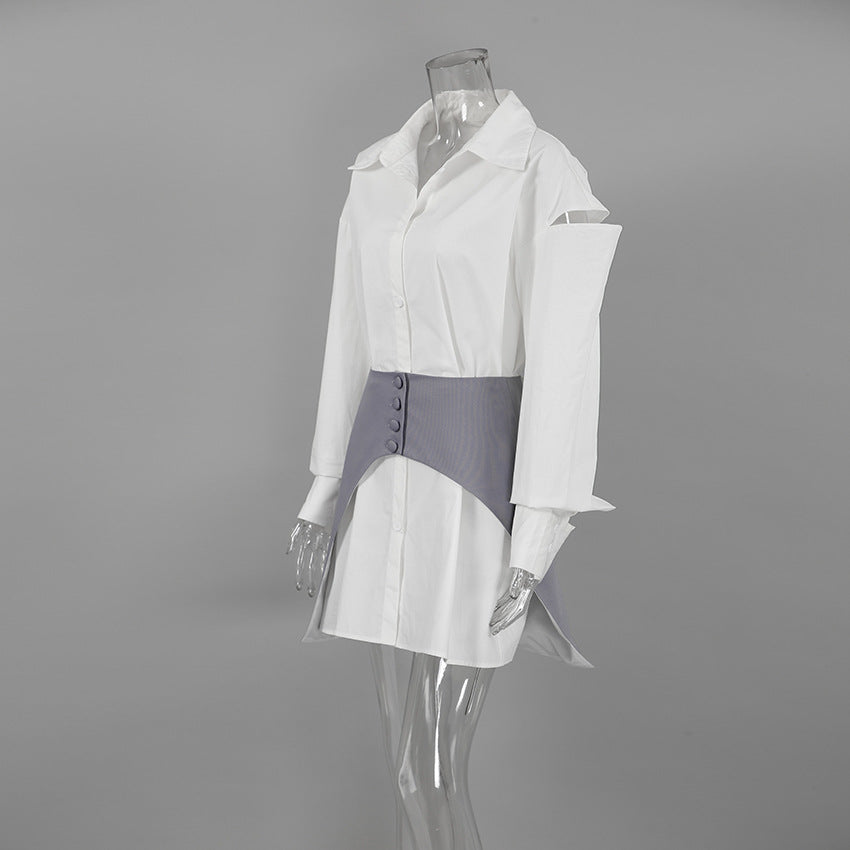 Long Shirt Women's Design Sense Small Collection Waist Long Sleeve Shirt Waist Sealing Two-Piece Set
