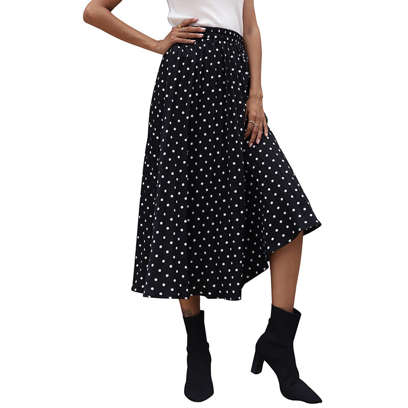 New Pleated Skirt Slimming Mid-Length Polka Dot Black Skirt