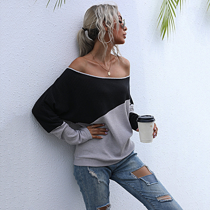 Fashion Women's Long-Sleeved Sweater Color Matching Loose Off-The-Shoulder Shoulder