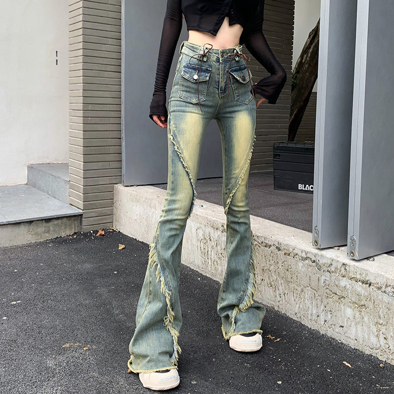Real Shot Retro Furred Lace Strap Micro Cropped Denim Pants Female New Spice Girl High-Waisted Stretch Flared Pants