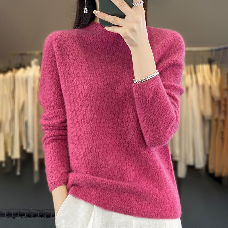 Autumn And Winter Knitted Pure Woolen Sweater Female Half Turtleneck Hollowed Out Loose Pullover Sweater Slimming Top Base Shirt