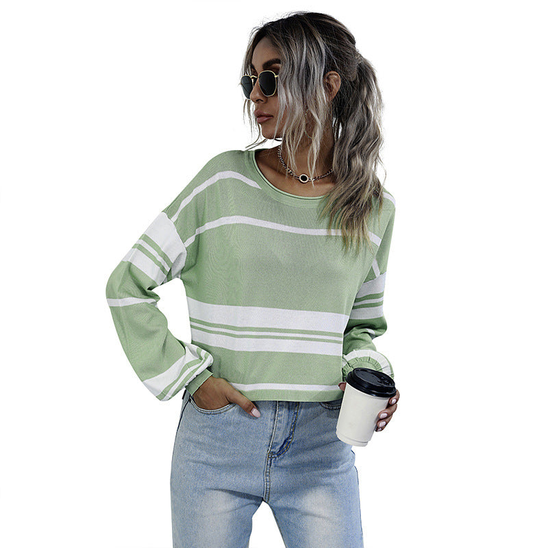 Women's Autumn Long-Sleeved Knitted Short Striped Green Sweater Women