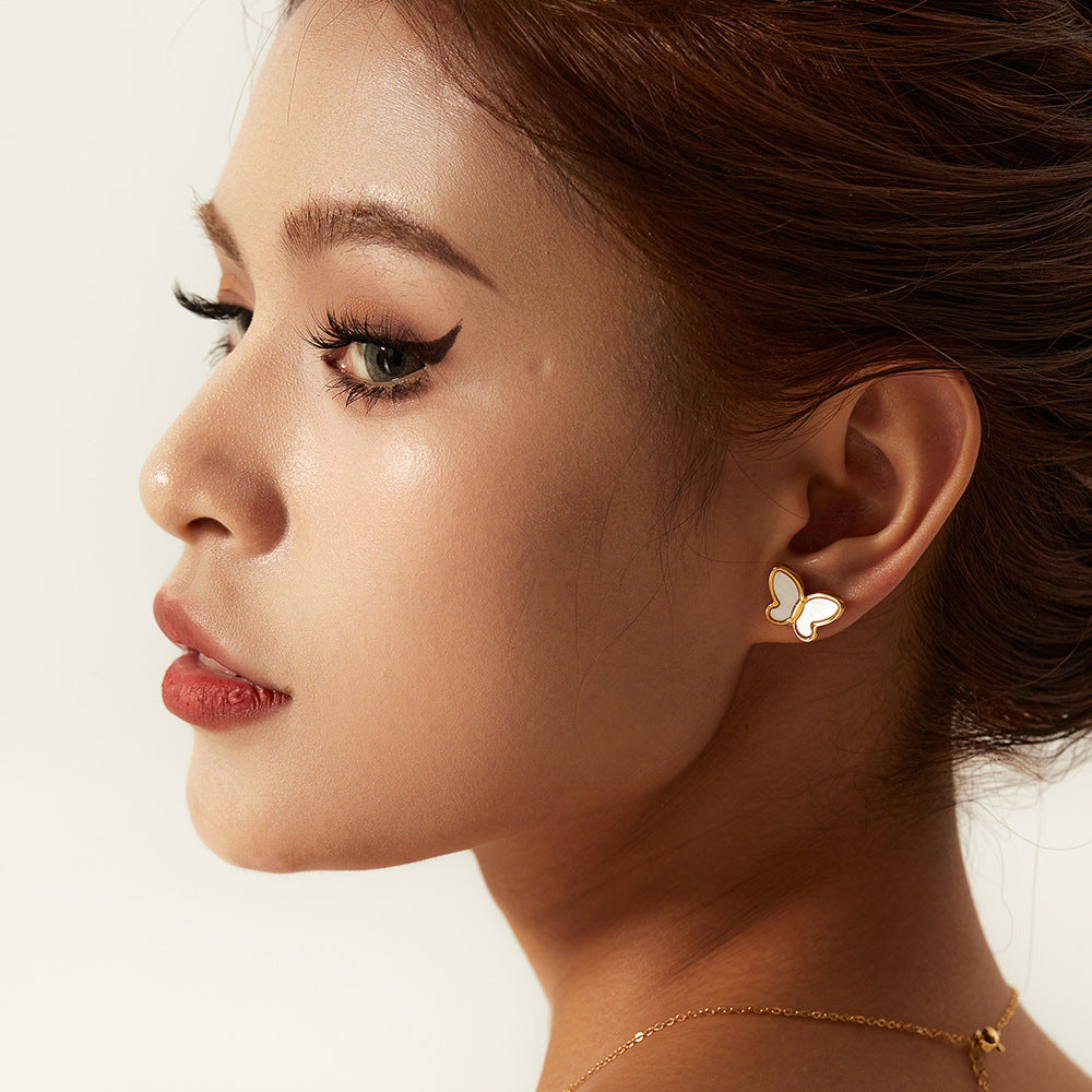 5pcs 18K Gold Natural White Shell Butterfly Shape Simple Stud Earrings 14K Gold White Shell Butterfly Gold Chain Stainless Steel Necklace