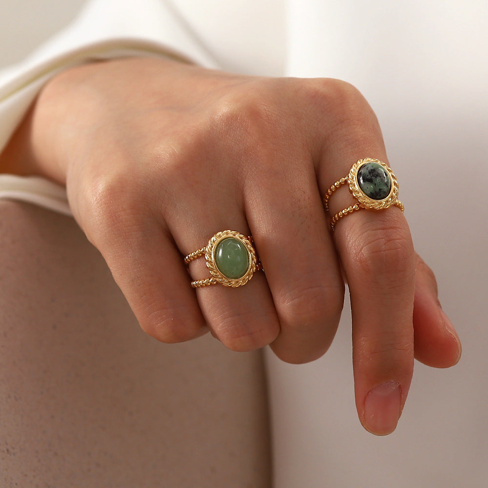 5pcs Vintage Style Titanium Steel Natural Stone Ring Female Niche Design High-Grade Sense Open Ring Fashion Personality