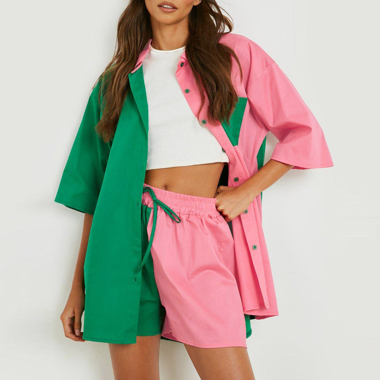 Spring And Summer New Casual Suit Women Color Collocation Oversized Sleeved Shirt Blouse Elastic Waist Shorts Two-Piece Set