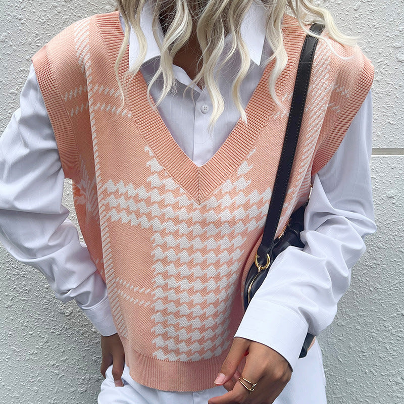 New Early Autumn Fashion Women's Sleeveless Jacquard Thousand Bird Sweater Vest Woman