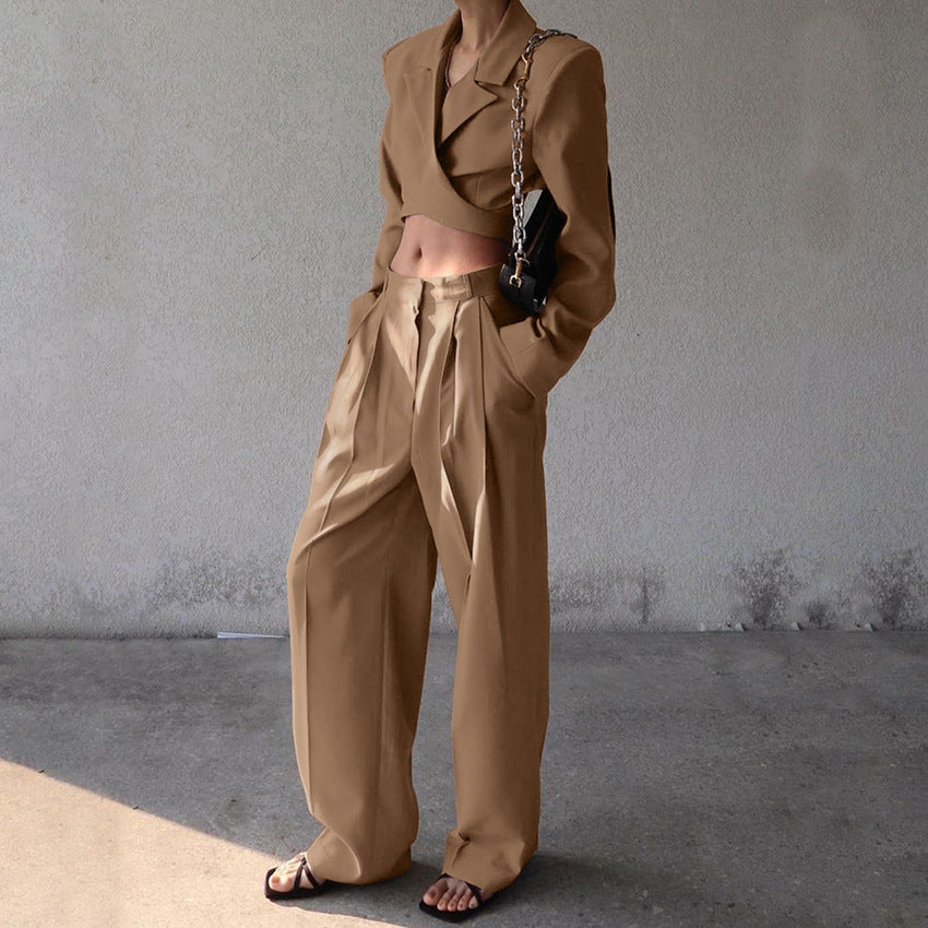 Brown Suit Neck Short Crop Top Trouser Suit New Fall Fashion Two-Piece