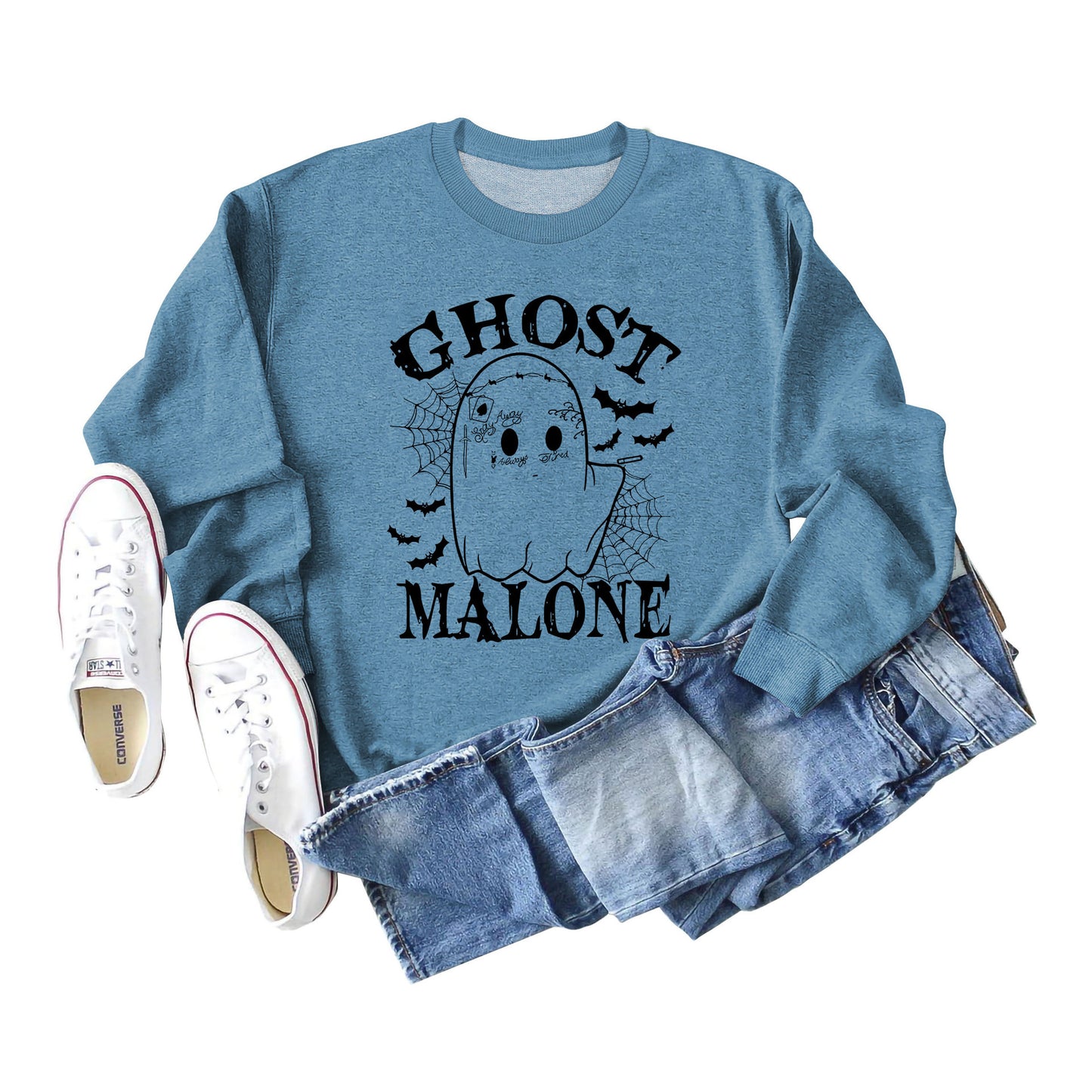 Ghost Malone Letter Round Neck Fashion Bat Round Neck Halloween Long Sleeve Hoodie